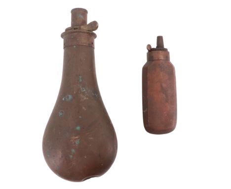 A 19th Century copper pistol powder flask together with a larger flask by James Dixon of Sheffield