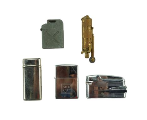 A vintage Jerry can flip-top cigarette lighter together with a Silk Cut Zippo, a Sang Xin electronic lighter, a Ronson Varafl