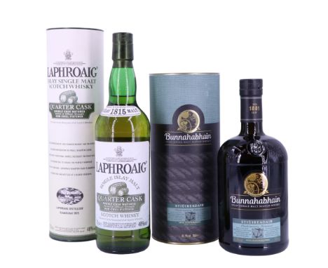 A bottle of Bunnahabhain Stiùireadair (Helmsman) and a bottle of Laphroaig Quarter Cask Islay single malt scotch whisky, 70 c
