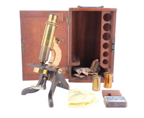 A Victorian lacquered and anodized brass monocular microscope, in mahogany case, case 27 cm high 