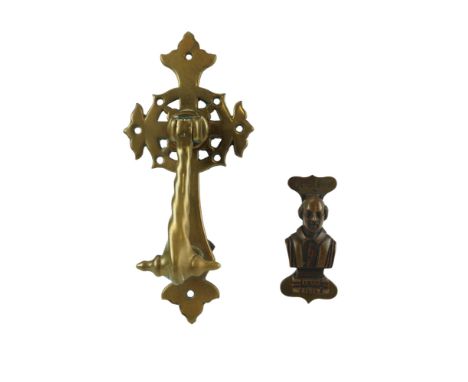 A Victorian Gothic Revival brass door knocker together with a William Shakespeare knocker,  former 24 cm