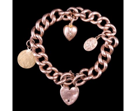 A 9 ct rose-gold belcher-link charm bracelet having a heart-shaped padlock clasp and three charms including a 1864 Napoleon I