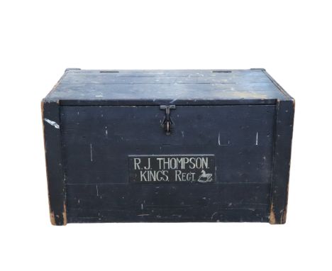 A large painted wooden campaign trunk of J R Thompson, King's Liverpool Regiment