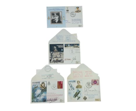 RAF and NASA flown stamp covers with portrait photograph enclosures commemorating Lord Dowding, Bob Stamford Tuck, Peter Town