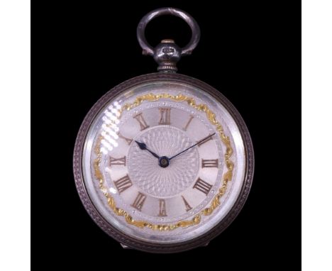 A Victorian lady's silver fob watch, having key-wound Swiss movement and rose engine turned silver face with gilt Roman numer