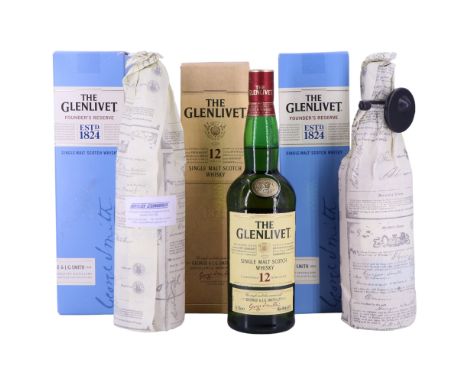 Three boxed bottles of The Glenlivet comprising two Founder's Reserve and a 12 Years of Age single malt scotch whisky, 700 ml