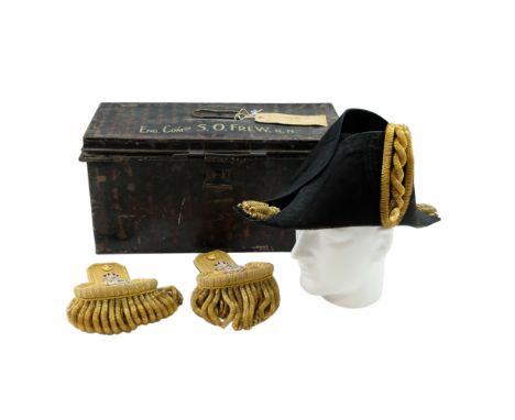A George VI Royal Navy officer's cocked hat, epaulettes, sword belt and uniform shoulder straps, in Japanned tinplate case in