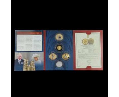 "The Coronation of His Majesty King Charles III" coin set comprising a 9 ct gold double crown, three gold-plated cupro-nickel