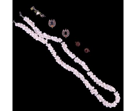 A pearlized Umbonium sea shell necklace together with two Scottish polished hardstone pendants or earrings in the form of hor