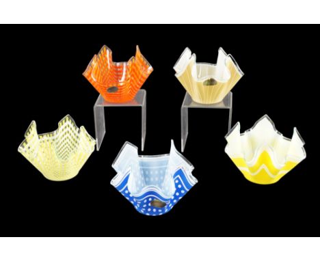 Three Chance Glass handkerchief bowls together with two other similar bowls, 10 cm