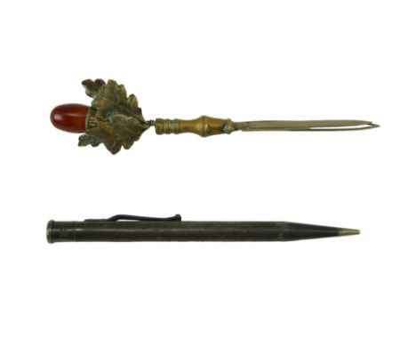 A 1940s Yard-o-Led silver propelling pencil together with a brass bookmark with fruiting oak finial
