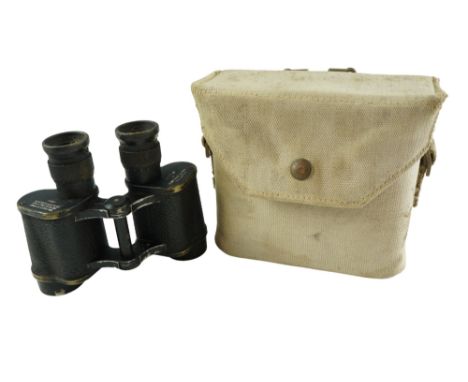 A pair of Second World War British Army Taylor-Hobson No2 Mk II binoculars in a 1937 pattern webbing pouch