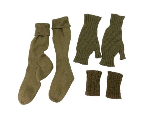 Second World War British army woollen fingerless mittens, wrist warmers and socks