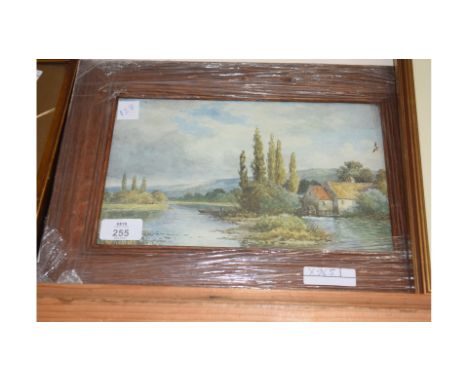 COLOURED PRINT - RIVERSIDE SCENE SET IN AN OAK FRAME, 36CM HIGH