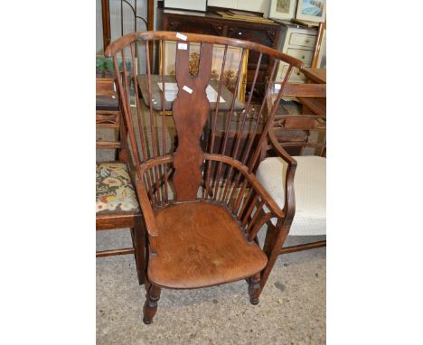 LOW 19TH CENTURY ELM SEATED STICK BACK ARMCHAIR, 103CM HIGH