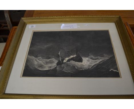 MONOCHROME PRINT - SHIP ON A ROUGH SEA, GILT FRAMED AND GLAZED, 58CM WIDE