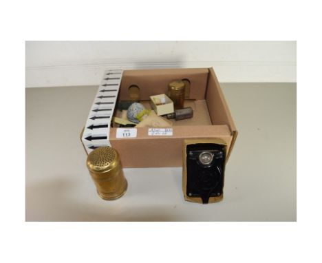 BOX CONTAINING GLOVE STRETCHER, VINTAGE LANTERN, VARIOUS ENAMEL PIN BADGES, VINTAGE PHOTOGRAPH, PORCELAIN HEADED PIN CUSHION 