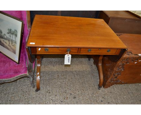 MAHOGANY DROP LEAF SOFA TABLE WITH TWO FRIEZE DRAWERS RAISED ON SWEPT LEGS WITH BRASS CASTERS