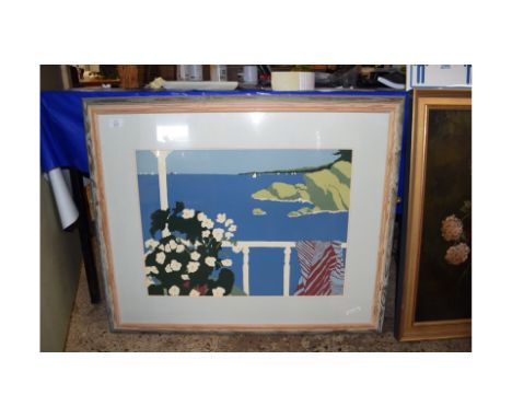 CONTEMPORARY SCHOOL - COLOURED PRINT, BALCONY OVERLOOKING A BAY WITH YACHTS, FRAMED AND GLAZED, 85CM WIDE