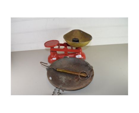 VINTAGE SALTER SCALES AND WEIGHTS TOGETHER WITH HANGING SCALES AND TRAY