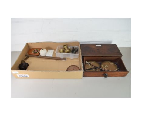 BOX OF MIXED ITEMS TO INCLUDE BRASS BELL WEIGHTS, VINTAGE SCALES IN MAHOGANY CASE, BAKELITE LIGHT SWITCH ETC