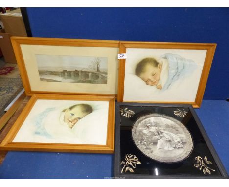  A pair of Lilian Rowles baby Prints along with a framed and glass etched print titled "In the Time of Roses" and an Albert B