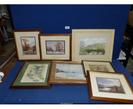 A box of pictures including three watercolours(one of a seascape, Looe, signed Jaq), Dr Syntax print 'Sketching the Lake' etc