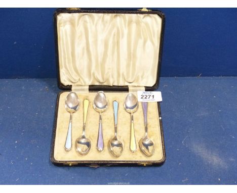 A cased set of six William Suckling Ltd. silver and enamel teaspoons in pastel shades of yellow, purple and blue, hallmarks f