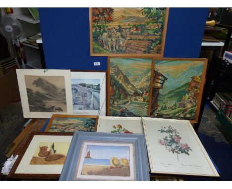 A box of pictures including a print 'The Bridge Over The Atlantic' by C. John Taylor, oil painting of a scene of the Alps, Re