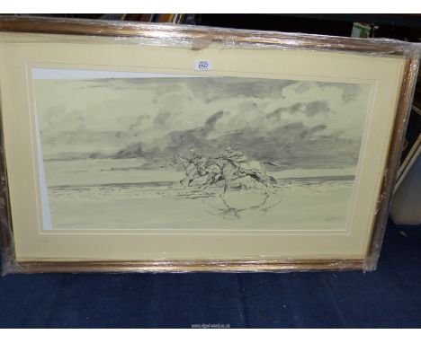 A limited edition Print no. 31/75 by Daniel Crane titled "Hammer and Tongs" depicting horses galloping along the beach, 39 1/