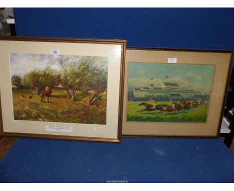 A framed Lithograph depicting Horse Racing and a  hunting print 'Lugg meadows' by Brian Hatton.