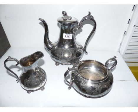 A James Dixon & Sons three piece plated Coffee set, pattern no.4662. (no lid to sucrier).