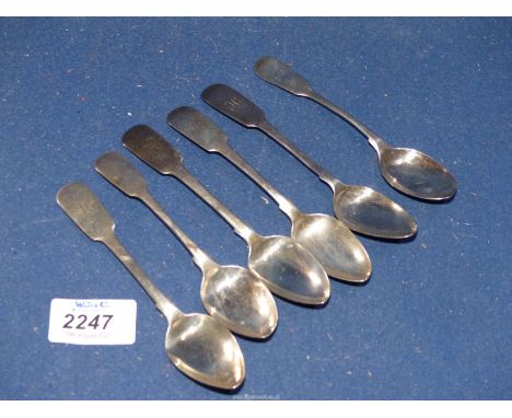 Six silver fiddle back Teaspoons,r Newcastle but date marks rubbed, with monogram of a capital 'H', 78 grams.