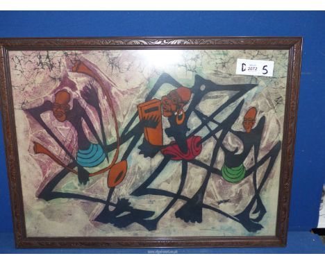An African Cloth Print in a dark wood, ornate frame, 28" x 21".