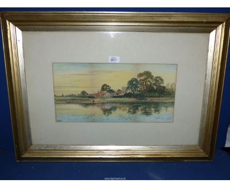 A framed and mounted Watercolour depicting River scene with village and figures fishing, signed lower left R. Allen, 31 1/4" 