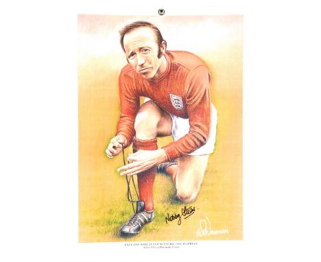 Nobby Stiles Signed Art Print - 'World Cup 66 Winners' Sketch showing him tie his shoe laces, signed in black pen Nobby Stile
