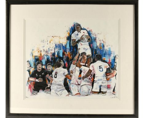 Leanne Gilroy - England V New Zealand Line Out Limited edition Print 22/75, With COA, framed and glazed 61x54cm. 