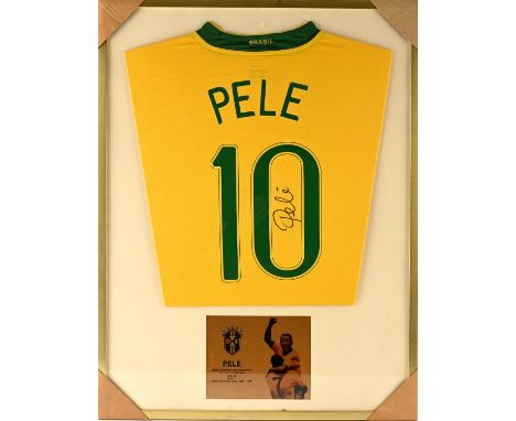 Pele Signed Shirt - Pele Number 10 Brasil Home Shirt Signed in black pen to back, with Pele Stats Card, With COA, Framed and 