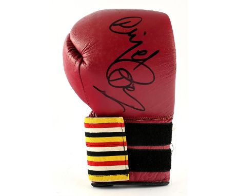 NIGEL BENN  The Dark Destroyer Signed boxing glove, in permanent black marker pen, wine red glove with red yellow, black & wh