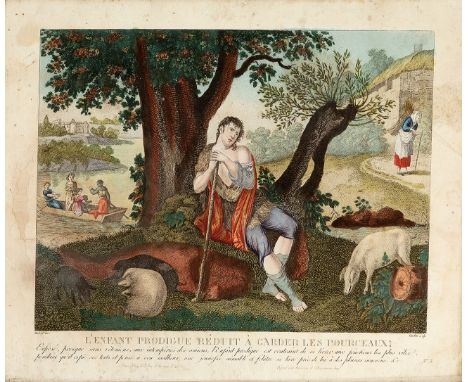 French school, last quarter of the 19th century."The prodigal boy reduced to a pig keeper".Engraving.Period frame, with damag