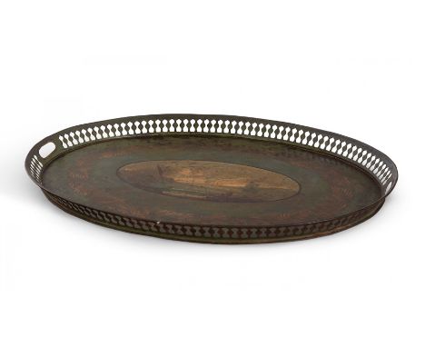 French serving tray. Directory period, late s. XVIII-pps. s.XIX."Coastal scene".Polychrome metal.Needs cleaning.Measures: 45 