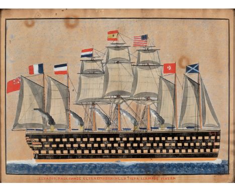 Spanish school, late 19th century."Vapor Viatán".Watercolour on paper.Titled in the lower margin.Moisture stains. Defects.Mea