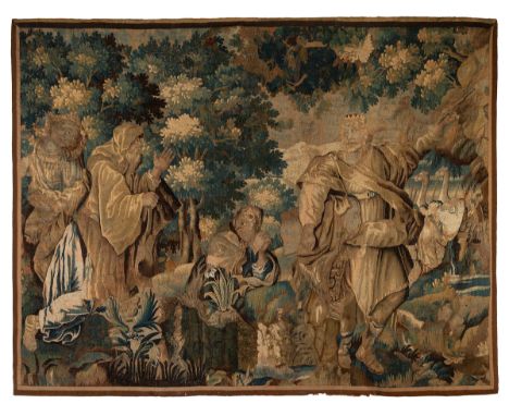 Aubusson tapestry. France, 17th century."Moses making water flow from a rock".Knotted wool.Good general state of preservation