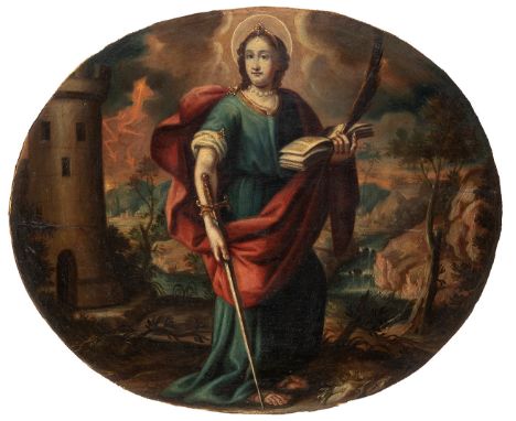 Spanish school of the 18th century."Saint Barbara".Oil on panel in oval format with incorporated frame. Upper and lower carvi