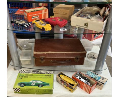 A case of old Scalextric cars including Mini etc &amp; various body's, enamel paint etc