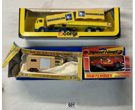 Corgi 1112 Mercedes Michelin 56001 mobile roadshow and Matchbox K-18 horse van and K40 blaze trailer