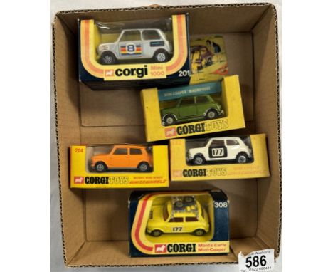 5 boxed Corgi Mini no 308, 204, 201, 282, 334204 has no header card, internal yellow. 334 header card creased at right corner