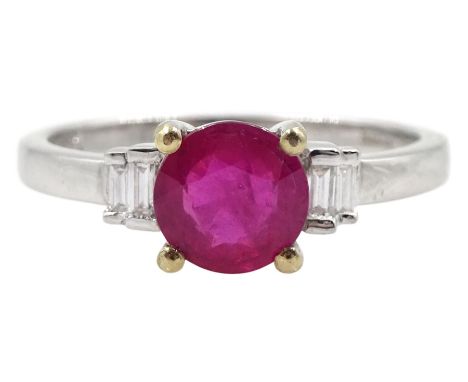 18ct white gold round ruby and baguette diamond ring, hallmarked, ruby approx 0.80 caratCondition Report:Approx 2.7gm, size M