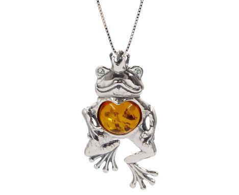Silver Baltic amber frog prince pendant necklace, stamped 925Condition Report:Pendant length = 36mm, chain length =44.5cm, go