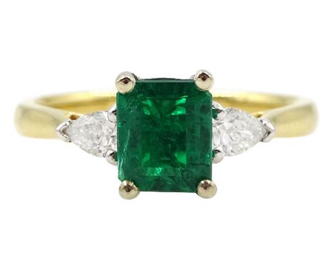 18ct gold three stone no oil emerald and pear shaped diamond ring, hallmarked, emerald approx 0.85 caratCondition Report:Appr